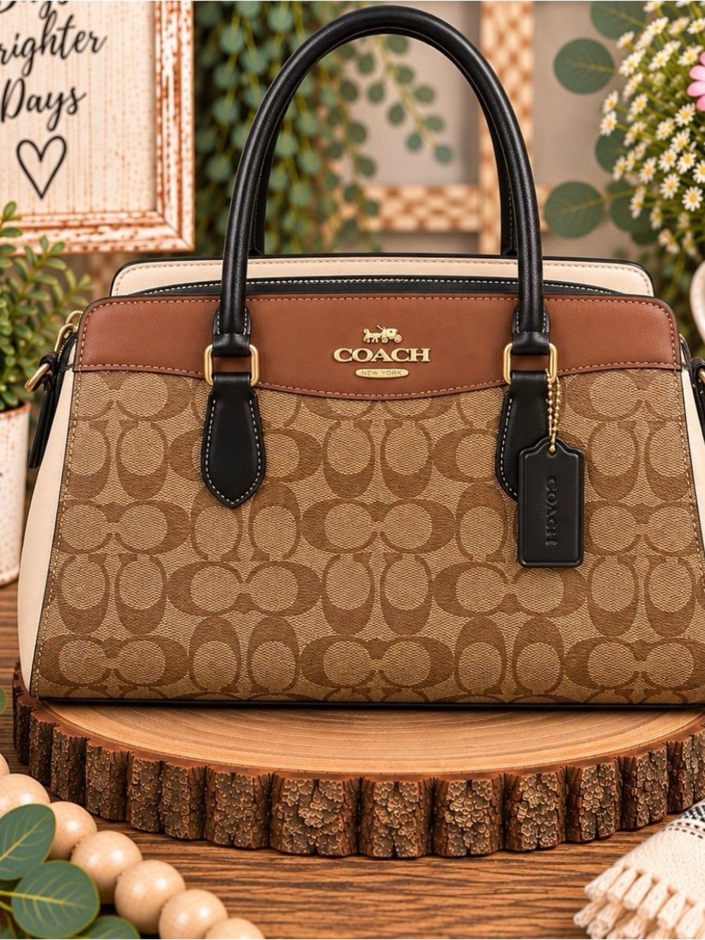 COACH Brown Signature Canvas Satchel with Black Handles EUC no strap